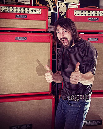 MESA Artist Niklas Källgren, guitarist for the Swedish band Truckfighters, pictured here with his twin stacks of Lone Star heads, Lonestar 4x10's and Recto 4x12 cabinets, covered in Red Bronco vinyl with Tan grilles.